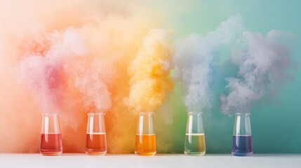 Five laboratory flasks radiate vibrant swirling clouds of colored smoke, representing creativity, experimentation, and the beauty of science in an artistic and playful manner.