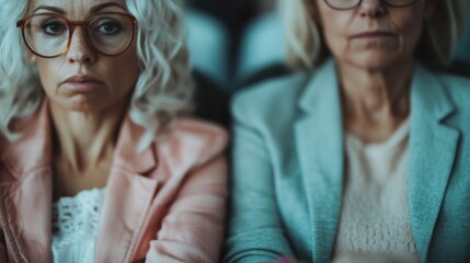 Two mature women sitting closely together exhibit subtle expressions of contemplation and connection in a shared moment, highlighting the depth of human relationships and empathy.