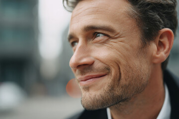 Obraz premium Smiling man face closeup with city backdrop, feels happy and confident