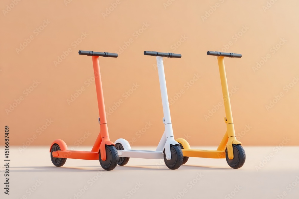 Poster array of different electric scooters on minimalist uncluttered backdrop with ample copy space