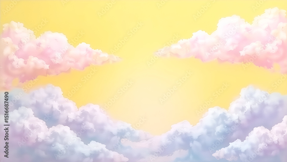 Poster ethereal abstract scene with pastel clouds drifting across a dynamic, colorful background
