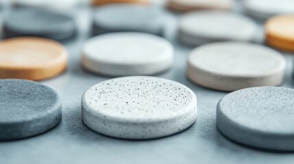 A composition of stylish round stones in multiple colors laid out on a surface, conveying notions of design, texture, and harmony often found in modern minimalist aesthetics.