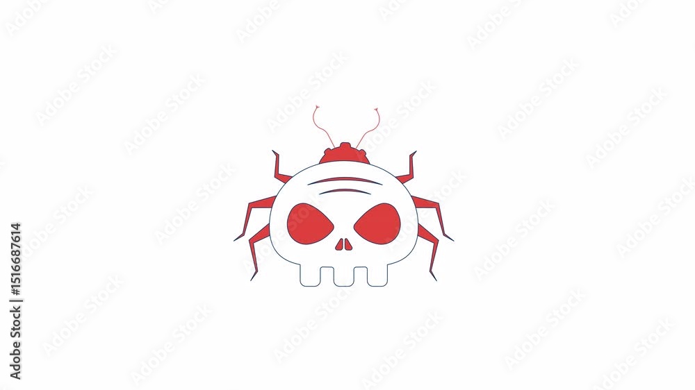 Poster cyber bug with skull face 2d cartoon object animation. malware, computer virus insect. crawling beet