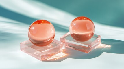 Two exquisite glass spheres rest on clear bases against a stylish background, highlighting their unique shapes and colors in a contemporary artistic setting.