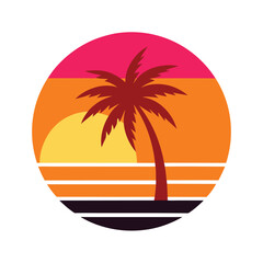 Beach lounge chairs facing sunset for relaxation scene Vector illustration