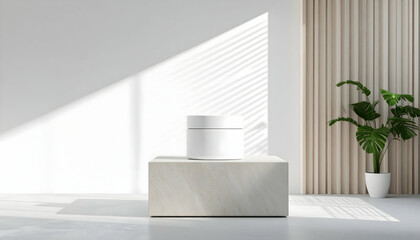 Minimalist Product Display on Stone Pedestal with Plant