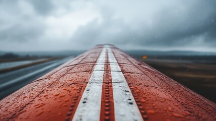 This captivating image features a close-up shot of an aircraft wing, showcasing raindrops on its surface against a dramatic cloudy backdrop, evoking a sense of travel and adventure.