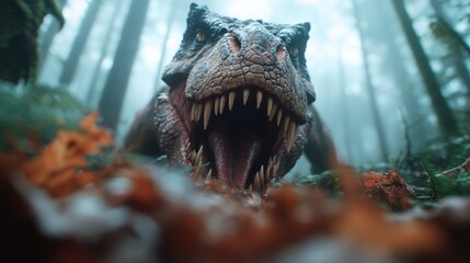 A stunning depiction of a Tyrannosaurus rex roaring amidst a mysterious fog-covered forest, showcasing the primal power and awe of ancient predators in a vibrant natural landscape.