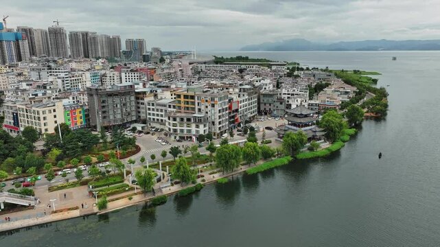 Viewing dajing xier river inlet and cityscape in dali city yunnan