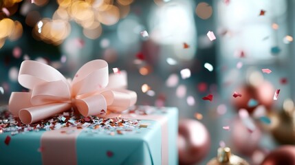 A beautifully wrapped gift box adorned with a pink ribbon and surrounded by an explosion of colorful confetti, creating a festive and joyful atmosphere perfect for celebrations.