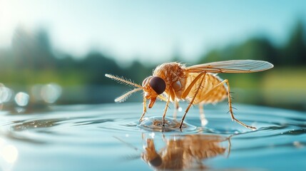 A detailed macro shot of a fly delicately drinking water from a calm surface, emphasizing nature's intricacies and the beauty found in small moments of life in nature.