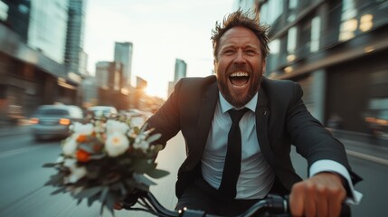 A joyful man dressed in a suit rides through a city street on a bicycle, holding a bouquet of flowers, representing spontaneity, happiness, and a carefree spirit in urban settings.