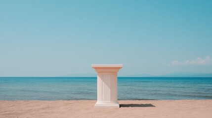 empty podium stands elegantly on serene shoreline offering minimalistic composition and ample copy space