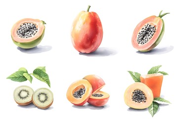 Naklejka premium Watercolor Papaya & Kiwi Fruits