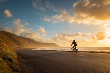 Man biking ocean road inspires freedom and adventure under sunset