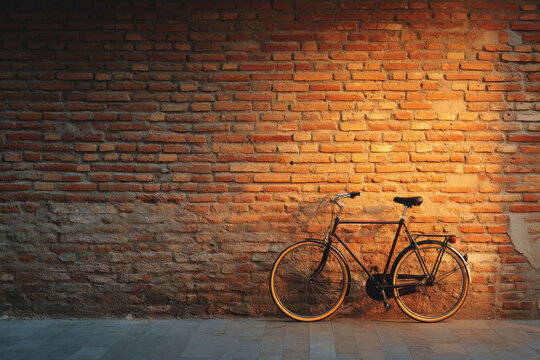 Old bicycle near brick wall shines with peaceful solitude