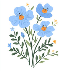 Flat Vector Blue Wildflowers on White Background