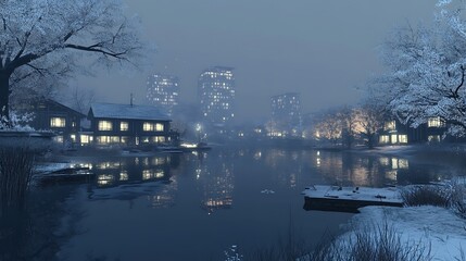 Winter serenity landscape with buildings, lake, and snow-covered trees