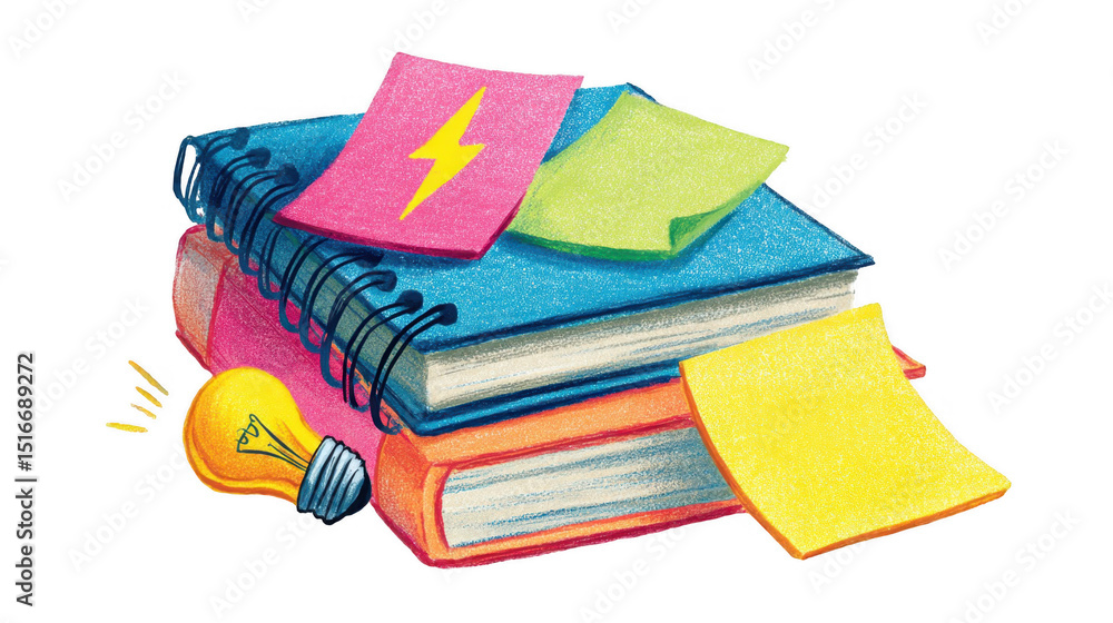 Poster stack of colorful notebooks with sticky notes featuring a lightning bolt and a brightly lit light bu