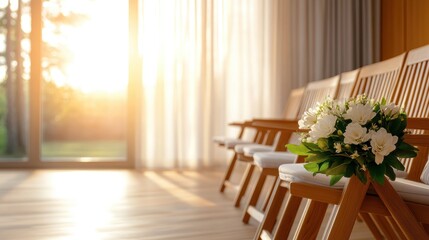 A cozy living room bathed in warm sunlight showcases wooden chairs and a delicate bouquet, creating an inviting atmosphere perfect for relaxation and comfort.