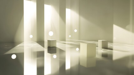 Empty, sunlit room with minimalist display cubes.