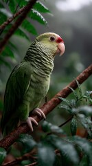 Obraz premium Green parrot perched on branch in lush foliage