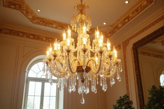 Elegant crystal chandelier with intricate details in a luxurious interior setting - Powered by Adobe