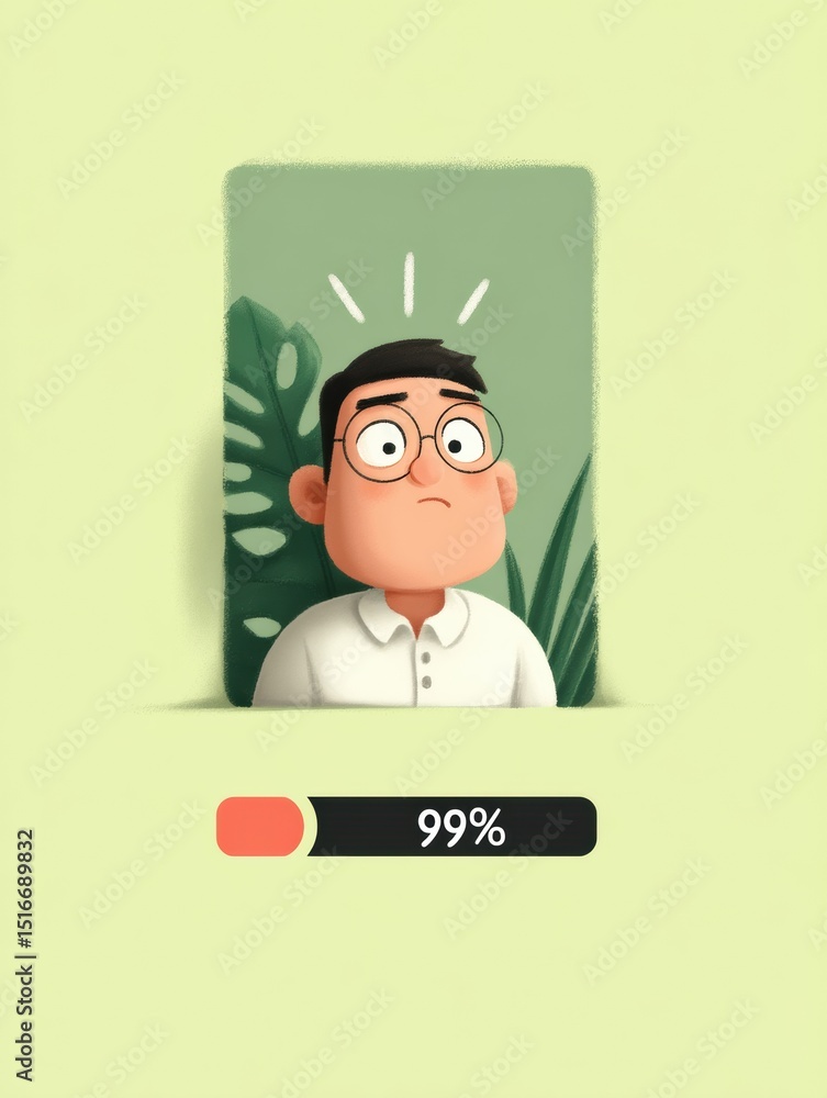 Fototapete Loading Bar Stuck at 99 Percent With Anxious Character Expression in a Minimalistic Layout