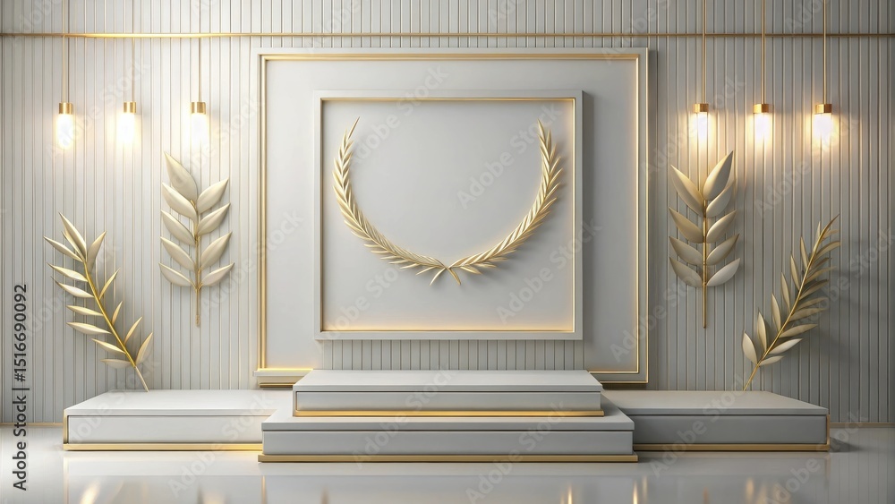 Poster elegant white and gold display platform with leaf accents and subtle lighting
