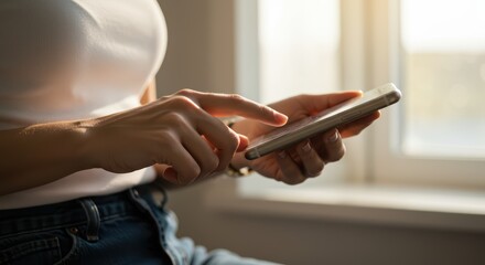 Woman using Smartphone with Light Window Background