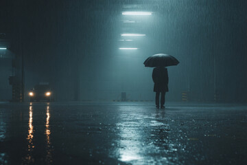 Person under umbrella in rain looks lonely and lost in dark