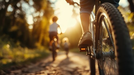 Obraz premium A vibrant moment captured while children bike along sunlit forest trails, embodying freedom, joy, and the spirit of adventure in a natural setting.