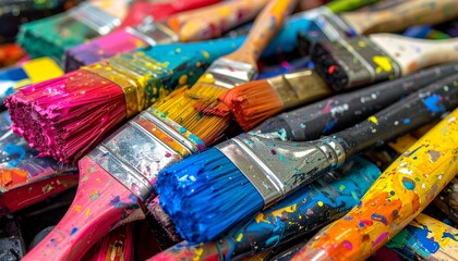 Fototapeta premium vibrant pile of colorful paint brushes a spectrum of artistic tools for creative expression
