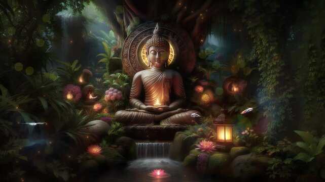 buddha statue under tree at night, glowing mandala, butterflies, nature forest, candles, lights, flowers, lotus, dream