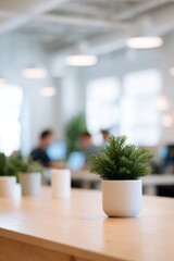 clean minimalistic image of bright eco-friendly office with potted plants and sustainable furniture where various people
