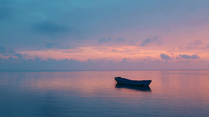 Naklejka premium Fishing boat on calm sea at dawn evokes tranquility, peace