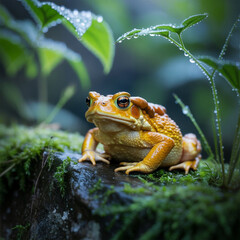 Fototapeta premium Frog resting on a green leaf and in the grass on the ground showing closeup details of a small amphibian in nature