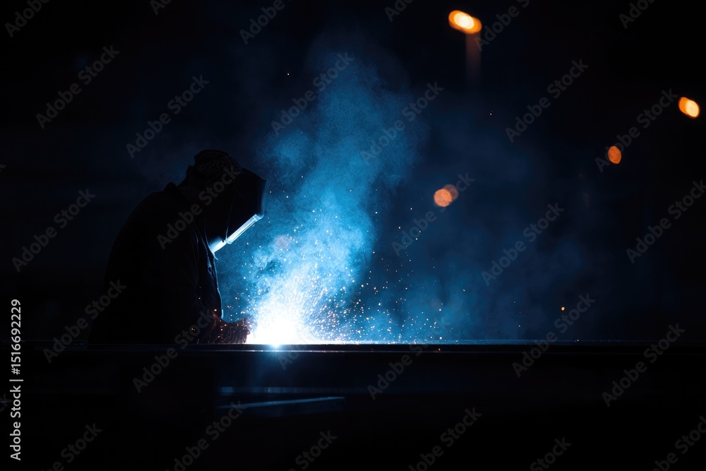 Poster capture minimalistic scene of welder working on metal structures while sparks fly against darkened b