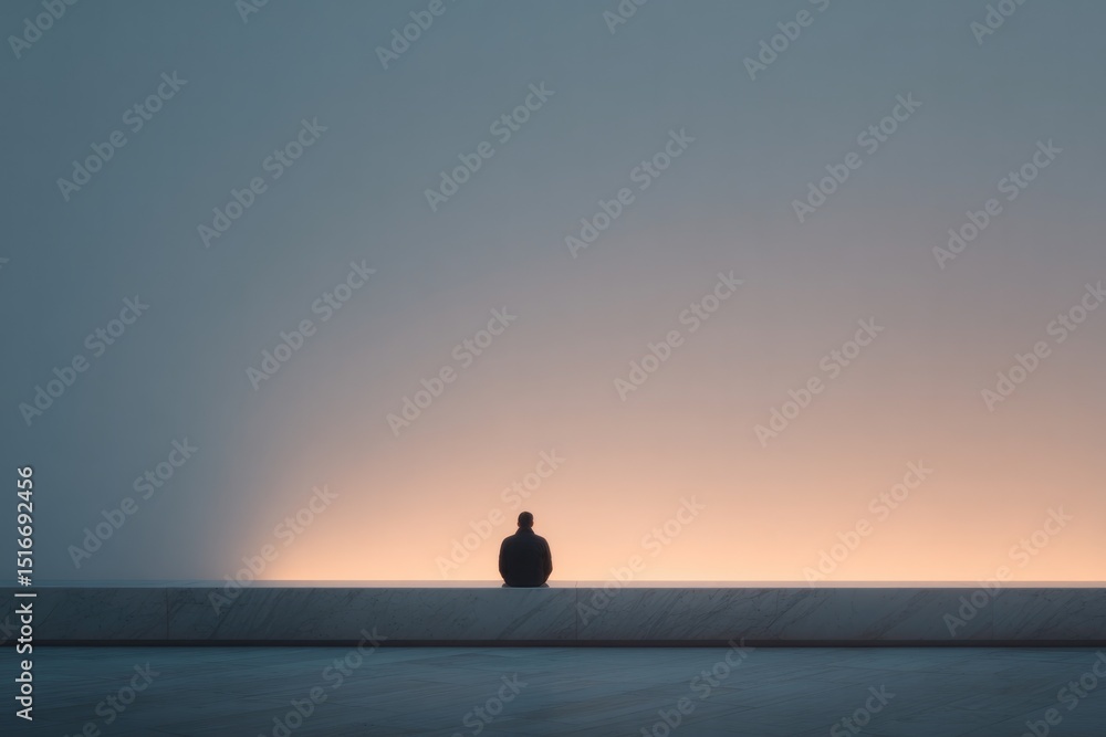 Poster close-up of person patiently waiting seated alone on minimalist modern bench in open spacious settin