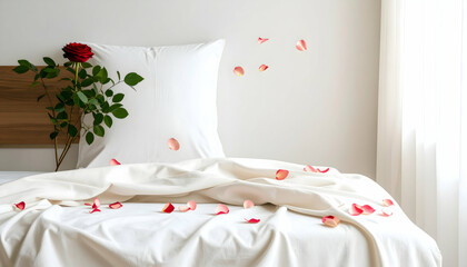 Red Rose and Petals on White Bedding in a Bright Bedroom