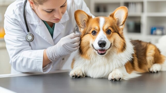 a veterinarian in a white coat and gloves is carefully examining a fluffy brown and white dog on an examination table, checking its ears and teeth while the dog lays calmly.