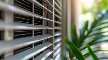 A close-up of an air conditioning vent, partially obscured by lush green foliage, symbolizing the blend of technology and nature, creating a refreshing atmosphere indoors.