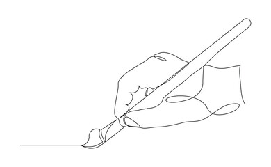 Continuous line of hand holding painting brush for paint art artist tool equipment. Sketch single one line drawing editable stroke vector illustration