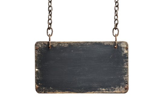 Rustic, weathered wooden sign hanging by chains