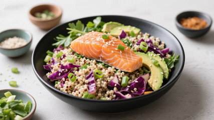 Delicious Salmon Quinoa Bowl with Avocado and Vegetables