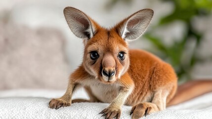 Obraz premium the cute baby kangaroo has soft brown fur, big round eyes, and tiny paws, looking adorable as it curiously explores its surroundings on a white background.