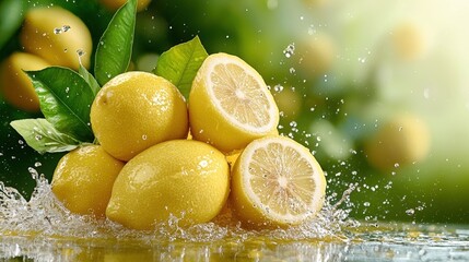 a burst of bright yellow lemons explodes across a lively backdrop, showcasing the abundant freshness and vibrancy of summer.