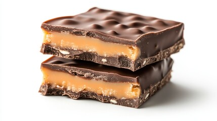 This enticing image showcases two layers of chocolate caramel candy bars, illustrating the delicious combination of rich chocolate and sweet, gooey caramel textures.