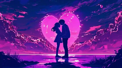 Silhouette of couple hugging against pink heart shaped moon in a dreamy purple landscape scene art - Powered by Adobe