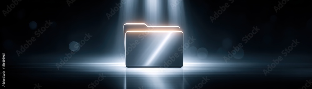 Poster a metallic folder icon is illuminated dramatically by spotlights in a dark, futuristic setting.